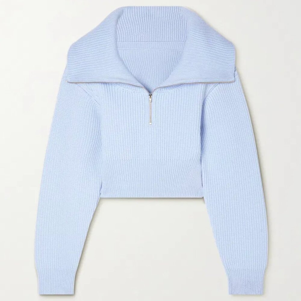 Jaquemus La Mailie Risoul Cropped Ribbed Merino Wool Half-Zip Sweater